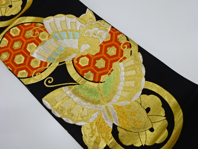 JAPANESE KIMONO / ANTIQUE FUKURO OBI / SILK / WOVEN BUTTERFLY